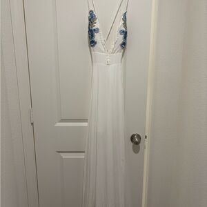 Fashion Nova Ivory Maxi Dress with Navy Floral Details